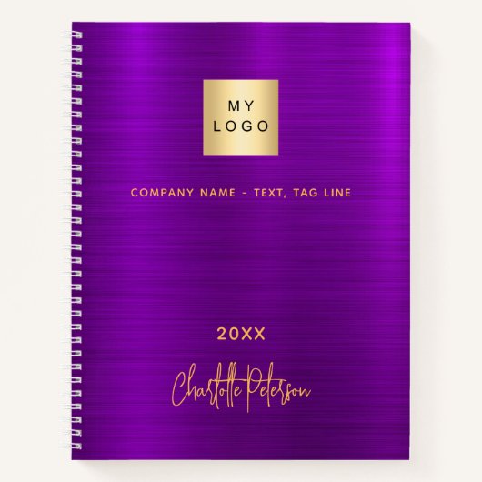 Paars goudbedrijf logo elegante handtekening notitieboek (Voorkant)