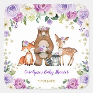 Paars goudbos Baby shower Bosdieren Vierkante Sticker