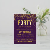 Paars | Gouden Confetti 40e verjaardag Folie Uitnodiging Briefkaart (Staand Voorkant)