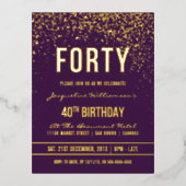 Paars | Gouden Confetti 40e verjaardag Folie Uitnodiging Briefkaart (Voorkant)