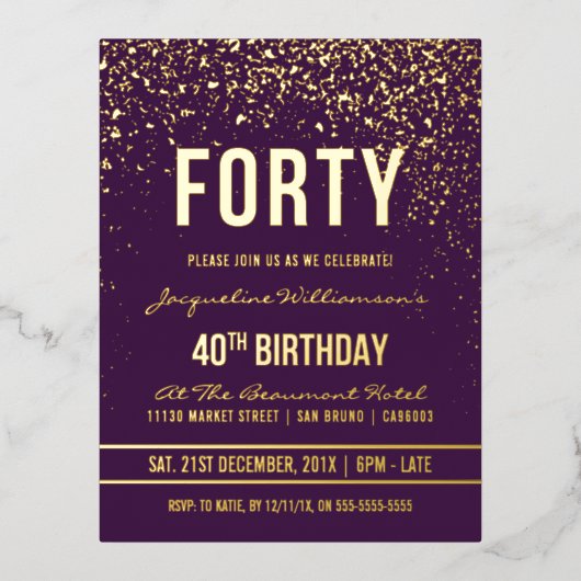 Paars | Gouden Confetti 40e verjaardag Folie Uitnodiging Briefkaart (Voorkant)