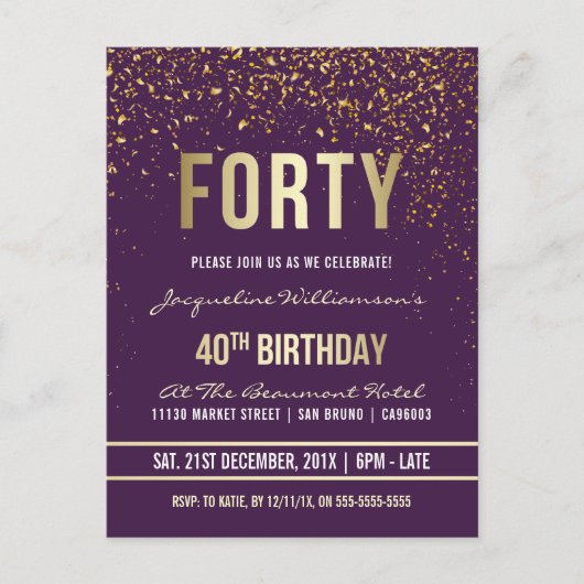 Paars | Gouden Confetti 40e verjaardag Uitnodiging Briefkaart (Voorkant)