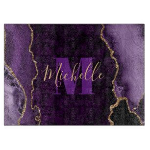 Paars & Gouden Glitter Marmer Agate Monogram Snijplank