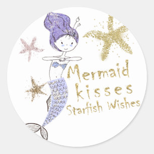 Paars & Gouden Glitter Zeemeermin Verjaardagsfeest Ronde Sticker