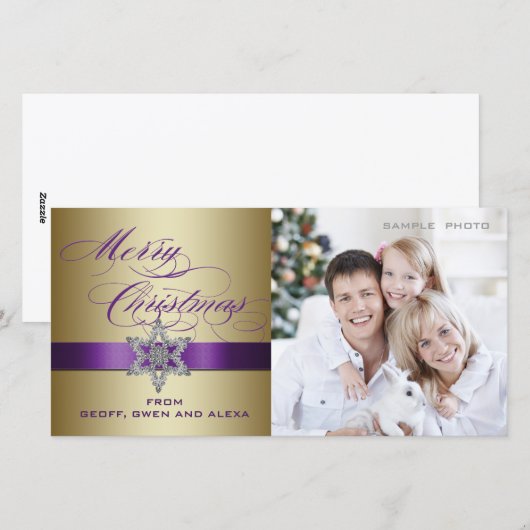 Paars Gouden Kerstgroet Fotokaart Feestdagenkaart (Voorkant / Achterkant)