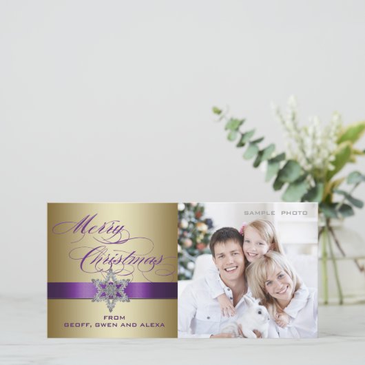 Paars Gouden Kerstgroet Fotokaart Feestdagenkaart (Staand voorkant)