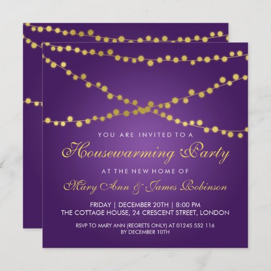 Paars gouden ladinglampjes van de Housewarming Par Kaart (Voorkant / Achterkant)