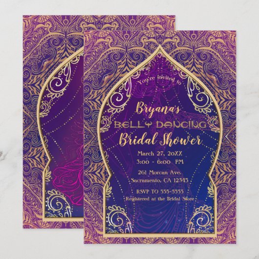 Paars Gouden Marokkaanse Buikdancing Bruidsfeest Kaart (Voorkant / Achterkant)