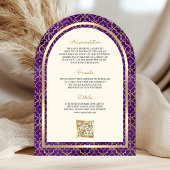 Paars Gouden Marokkaanse QR Code Sikh Boog Bruilof Kaart
