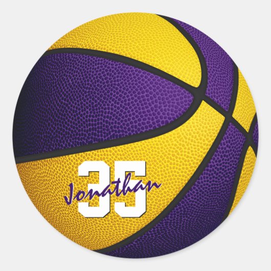 paars gouden team kleuren jongens basketbal ronde sticker (Voorkant)