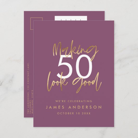 paars gouden verjaardag eenvoudig stijlvol elegant uitnodiging briefkaart (Voorkant / Achterkant)