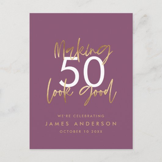 paars gouden verjaardag eenvoudig stijlvol elegant uitnodiging briefkaart (Voorkant)