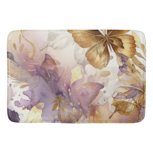 Paars & Gouden Vlinder Aquarel Vlinders Badmat (Voorkant)