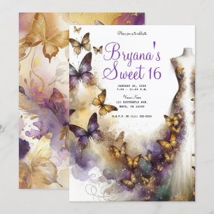 Paars & Gouden Vlinderjurk Fantasy Sweet 16 Kaart