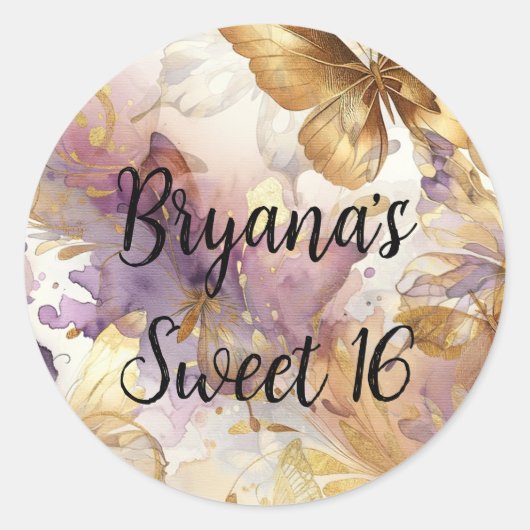 Paars & Gouden Vlinderjurk Fantasy Sweet 16  Ronde Sticker (Voorkant)
