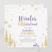 Paars & Gouden Winter Onederland 1e Eerste Verjaar Kaart (Voorkant / Achterkant)