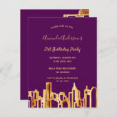 Paars goudfeest skyline-uitnodiging briefkaart (Voorkant / Achterkant)