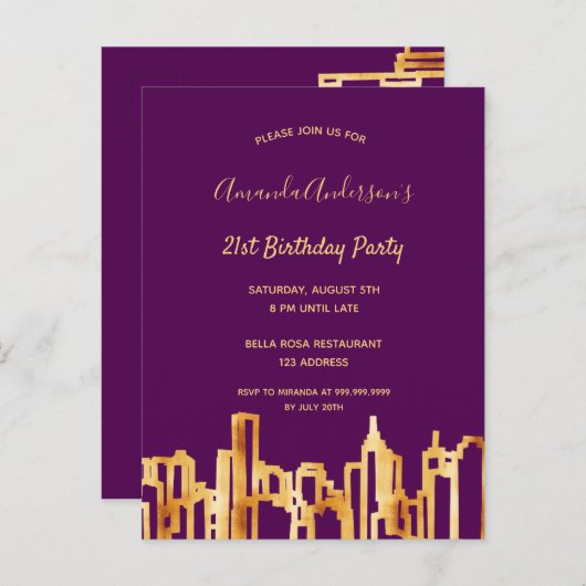 Paars goudfeest skyline-uitnodiging briefkaart (Voorkant / Achterkant)