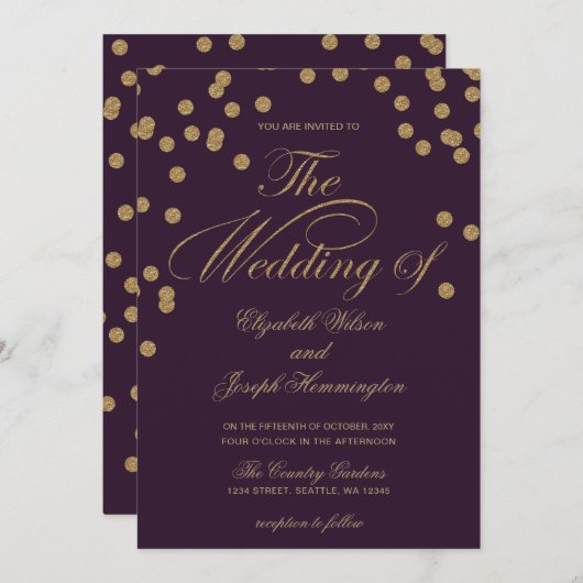 Paars goudglitter Confetti Elegant Wedding Kaart (Voorkant / Achterkant)