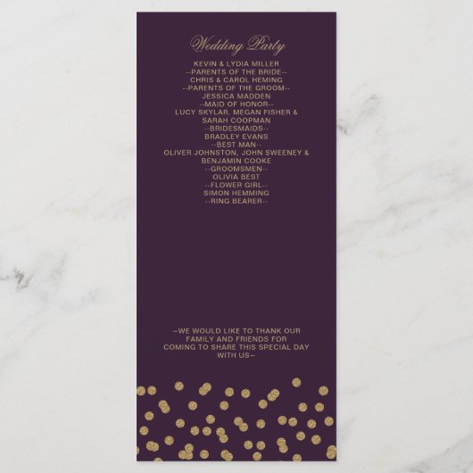 Paars goudglitter Confetti Elegant Wedding Programmakaart (Achterkant)
