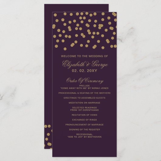 Paars goudglitter Confetti Elegant Wedding Programmakaart (Voorkant / Achterkant)