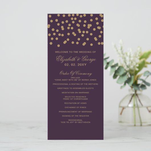 Paars goudglitter Confetti Elegant Wedding Programmakaart (Staand voorkant)