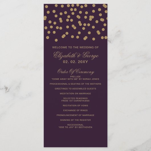 Paars goudglitter Confetti Elegant Wedding Programmakaart (Voorkant)