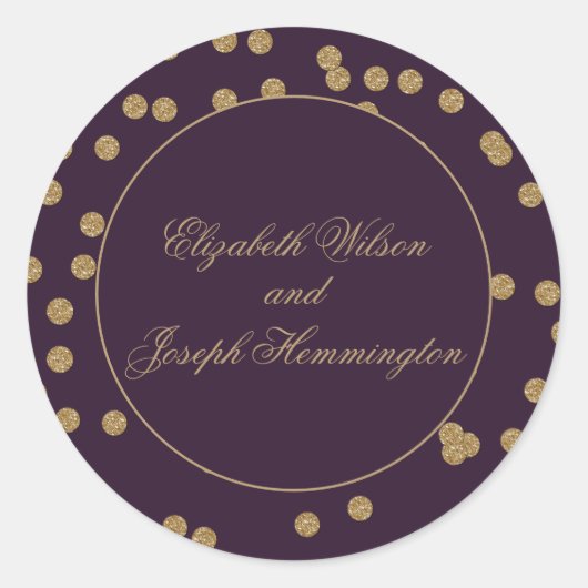 Paars goudglitter Confetti Elegant Wedding Ronde Sticker (Voorkant)