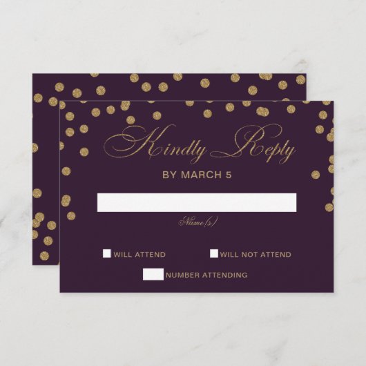 Paars goudglitter Confetti Elegant Wedding RSVP Kaartje (Voorkant / Achterkant)