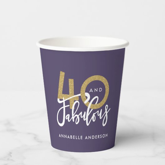 paars goudglitter modern stijlvol 40ste verjaardag papieren bekers (Achterkant)