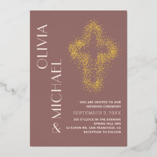 Paars goudkruis. Moderne stippen Christelijke brui Folie Uitnodiging