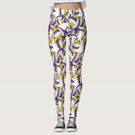 Paars goudteam kleuren het patroon van de girale v leggings (Voorkant)