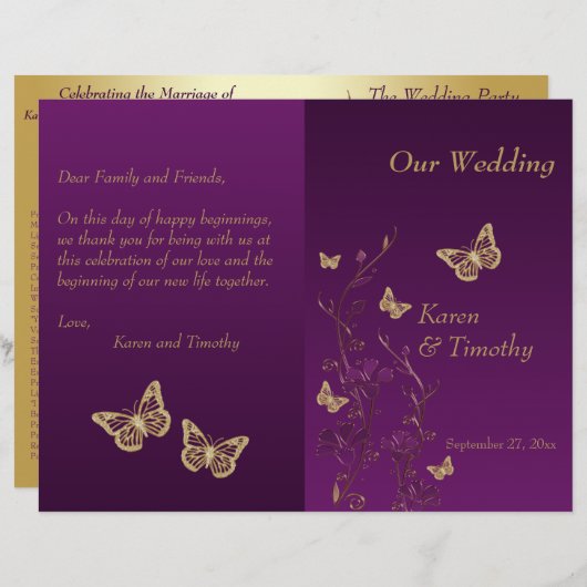 Paars, goudvlinder - programma voor het huwelijk (Voorkant / Achterkant)