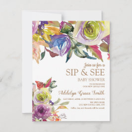 Paars goudWaterverf Floral Sip Zie Baby shower Kaart