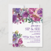 Paars goudWaterverf Floral Sip Zie Baby shower Kaart (Voorkant)