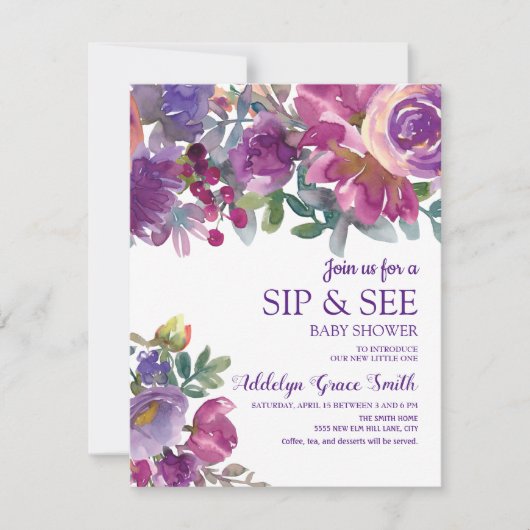 Paars goudWaterverf Floral Sip Zie Baby shower Kaart (Voorkant)