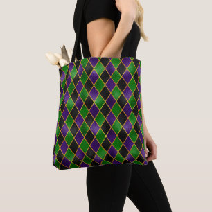 PAARS GREEN BLACK GOLD MARDI GRAS DIAMOND PATTERN TOTE BAG