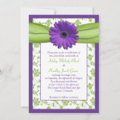 Paars Green Daisy Damask Wedding Invitation Kaart (Voorkant)