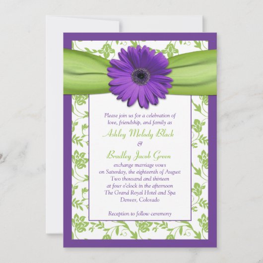Paars Green Daisy Damask Wedding Invitation Kaart (Voorkant)