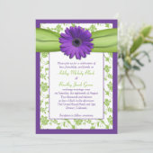 Paars Green Daisy Damask Wedding Invitation Kaart (Staand voorkant)