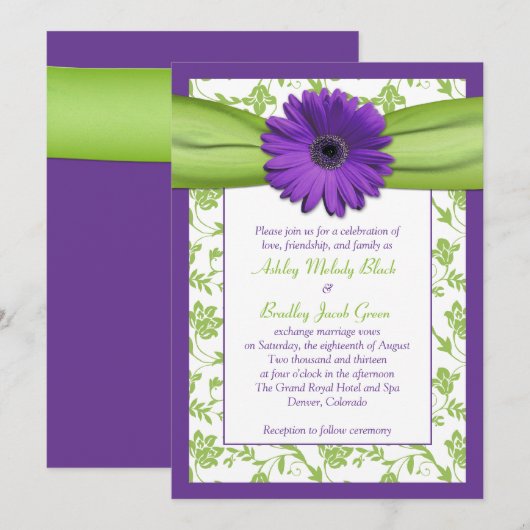 Paars Green Daisy Damask Wedding Invitation Kaart (Voorkant / Achterkant)