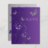 Paars, Grijs Bloemmotief met Vlinders RSVP Kaart 2 (Voorkant / Achterkant)