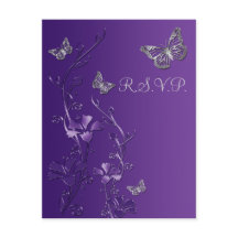 Paars, Grijs Bloemmotief met Vlinders RSVP Kaart 2