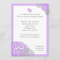 Paars grijs Dahlia Baby shower uitnodigen met voet