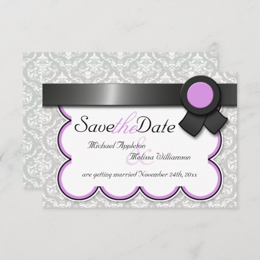 Paars & Grijs Damast Save the Date Aankondigingen (Voorkant / Achterkant)