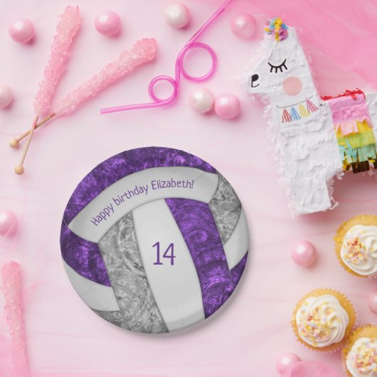 paars grijs girale volleybalfeest papieren bordje (Feest)