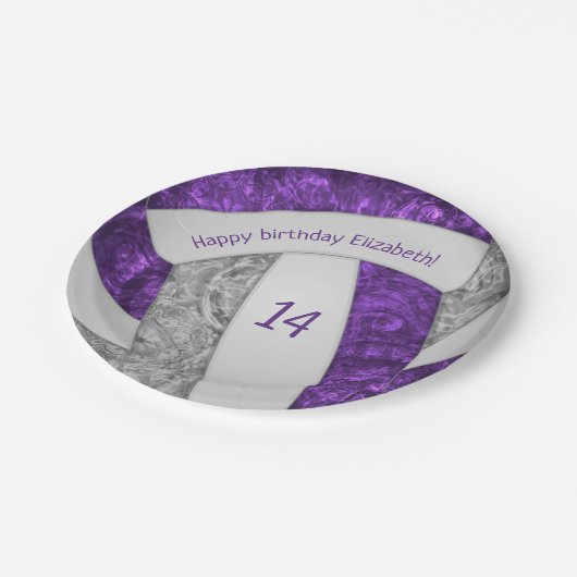 paars grijs girale volleybalfeest papieren bordje (Gekanteld)