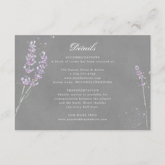 Paars grijs lavendel bruiloftsreceptie details enc informatiekaartje (Voorkant)