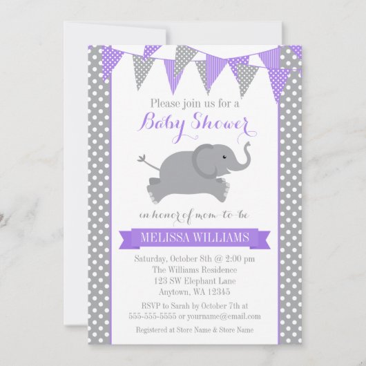 Paars grijs olifant pootwit Bunting Baby shower Kaart (Voorkant)