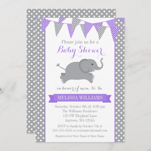 Paars grijs olifant pootwit Bunting Baby shower Kaart (Voorkant / Achterkant)